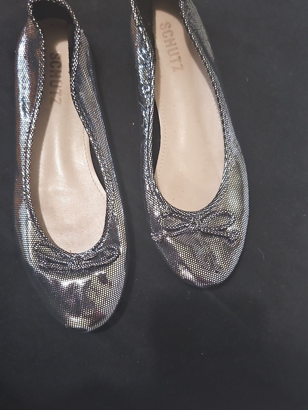 SCHUTZ Metallic Silver Ballet Flats with Bow